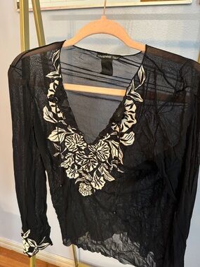 Vivienne Tam Black Sheer V-Neck Top with White Floral Embroidery
